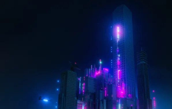 Город, Неон, Стиль, Здания, City, Fantasy, Архитектура, Небоскрёб