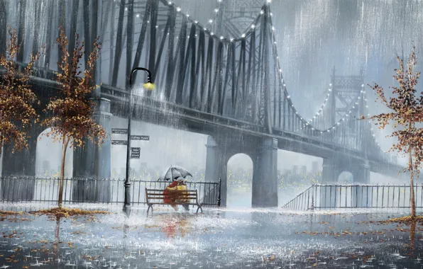 Картинка деревья, дождь, улица, зонт, фонари, пара, двое, скамья