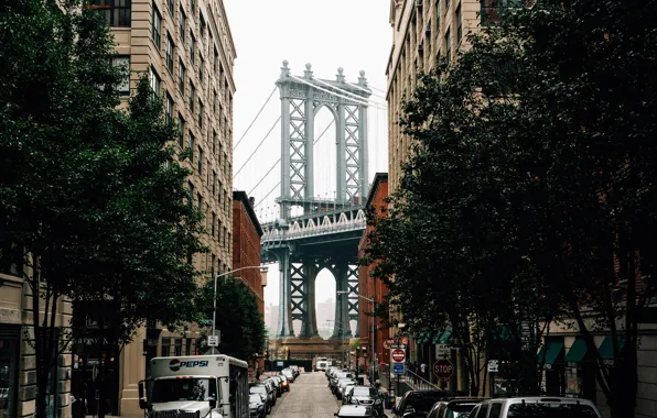 Картинка дорога, машины, улица, здания, USA, Бруклинский мост, New York
