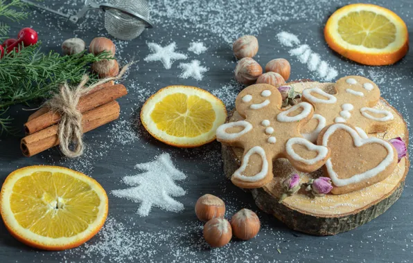 Стол, человечки, апельсины, печенье, Рождество, Новый год, сахар, орехи