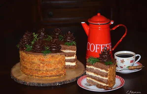 Кофе, шоколад, торт, кусок, глазурь, кофейник