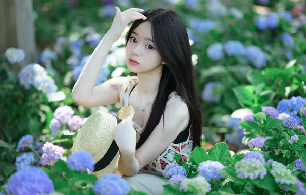 Beautiful, Asian, Model, Flowers, Woman, Hat, Cute, Pretty