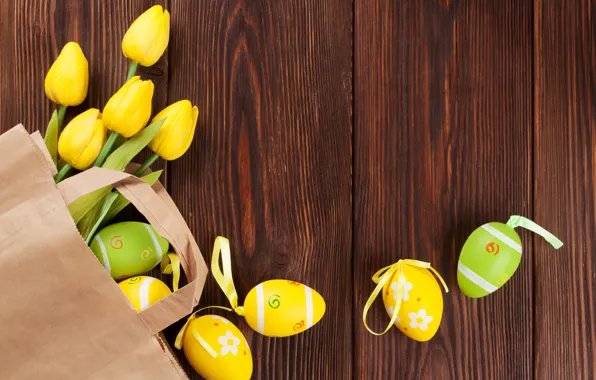 Пасха, тюльпаны, yellow, wood, tulips, spring, Easter, eggs