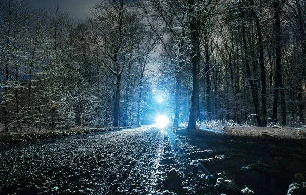Картинка зима, дорога, свет, снег, пейзаж, природа