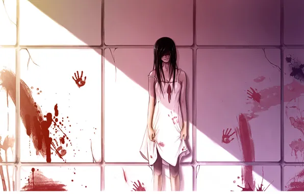 Картинка жертва, ужас, черные волосы, убийца, кровища, у стены, брызги крови, свет и тень