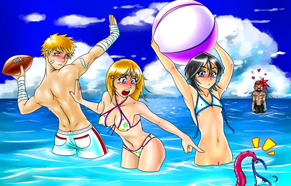 Пляж, мяч, осьминог, Bleach, Блич, прикол, Ичиго, Кучики Рукия