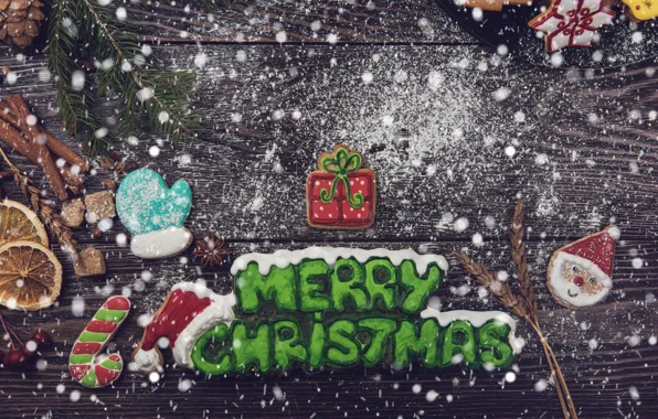 Картинка снег, Новый Год, печенье, Рождество, wood, Merry Christmas, cookies, decoration
