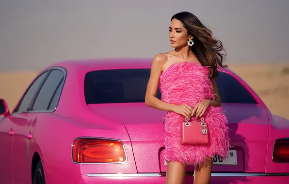 Машина, авто, девушка, поза, стиль, Bentley, сумочка, розовое платье