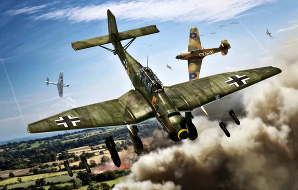 Дым, бомбардировка, Hawker Hurricane, пикирующий бомбардировщик, Блицкриг 1940, авиабомбы, Ju.87B-1, SC-50
