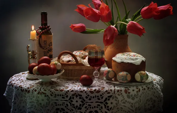 Картинка цветы, вино, бокал, бутылка, яйца, Пасха, тюльпаны, натюрморт