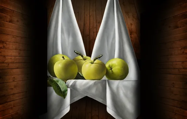Still life, apples, cloth