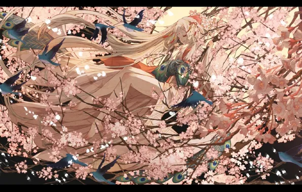 Картинка птички, жрица, на дереве, японская одежда, закрытые глаза, павлиний глаз, длинные белые волосы, весеннее цветение
