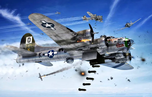 Картинка атака, B-17G, Вторая Мировая война, Люфтваффе, инверсионный след, Fw.190A, авиабомбы, война в воздухе