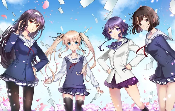 Картинка цветы, девушки, аниме, лепестки, арт, школьницы, kasumigaoka utaha, katou megumi