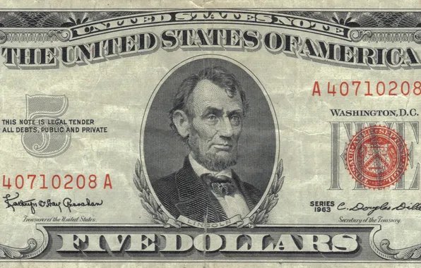 Lincoln, red, note, five, dollar, united, reserve, dolar