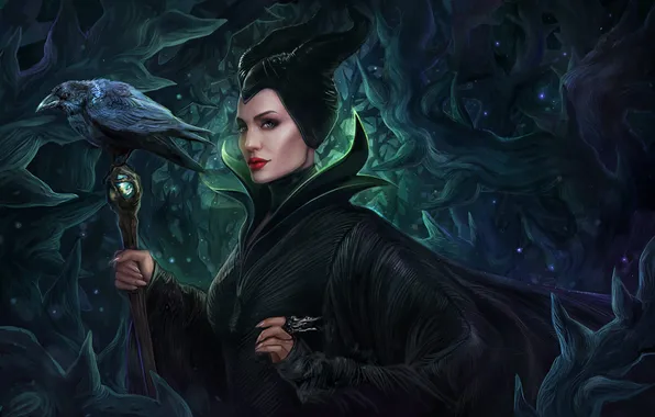 Картинка Angelina Jolie, Disney, ворон, art, Maleficent, Малефисента