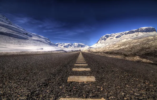 Картинка дорога, асфальт, снег, пейзаж, горы, hdr