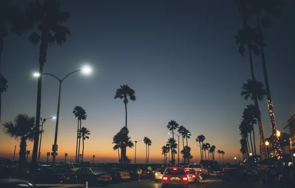 Дорога, машины, город, пальмы, вечер, Balboa Peninsula, Newport Beach
