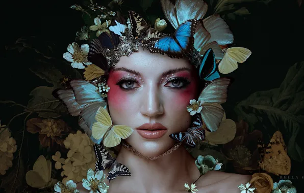 Картинка взгляд, девушка, бабочки, цветы, лицо, стиль, макияж, Bella Kotak