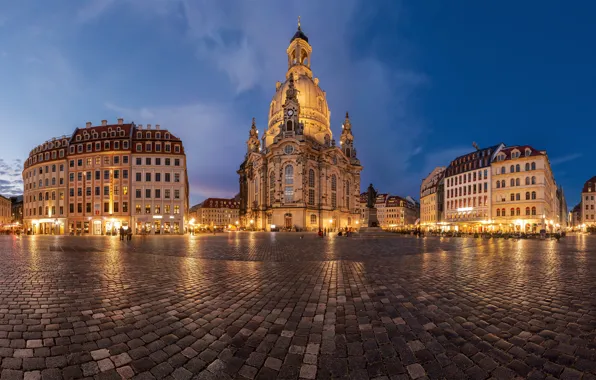 Здания, вечер, Германия, Дрезден, площадь, церковь, Germany, Dresden