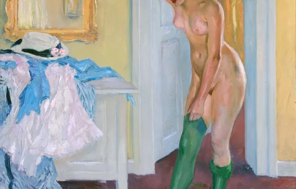 Картинка Девушка, Картина, Обнажена, Edward Cucuel, Американский художник-импрессионист, Эдвард Кукуэль, Зеленые чулки