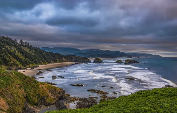 Картинка пейзаж, тучи, природа, океан, побережье, США, United States, Oregon
