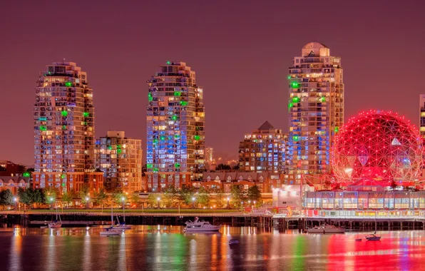 Здания, яхты, Канада, панорама, Ванкувер, Canada, ночной город, British Columbia