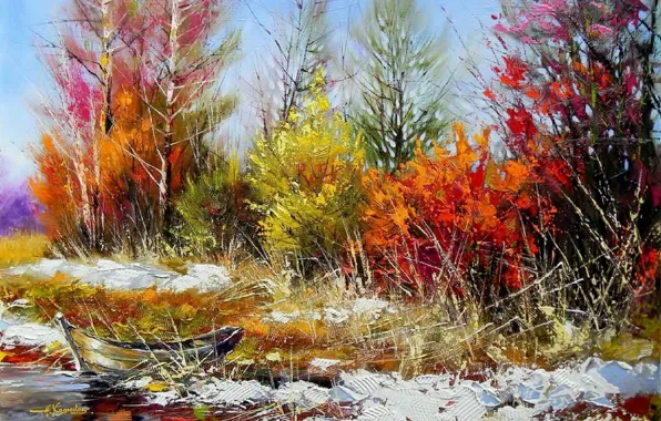 Картинка осень, лес, небо, вода, снег, деревья, пейзаж, лодка