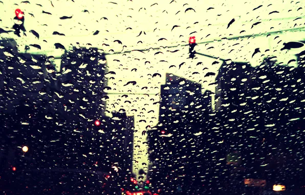 Вода, капли, свет, машины, город, дождь, улица, оконные