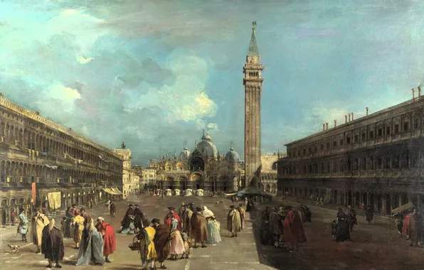Небо, облака, люди, здания, башня, картина, площадь, Francesco Guardi