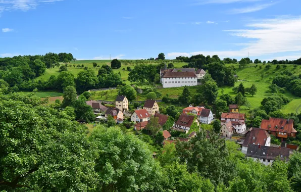 Картинка зелень, поле, лето, небо, солнце, облака, деревья, Германия