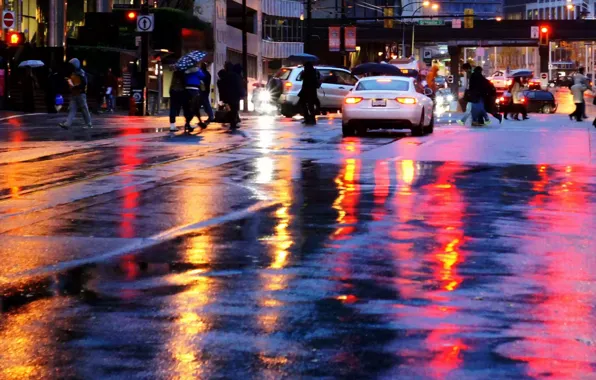 Картинка город, отражение, дождь, улица