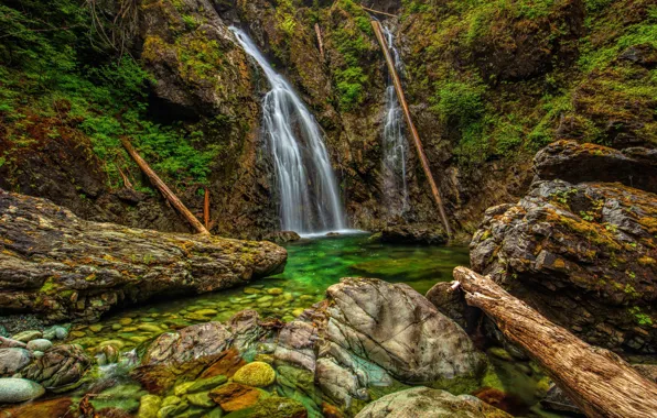 Камни, водопад, HDR, Канада, Ванкувер, Nahmint Wilderness