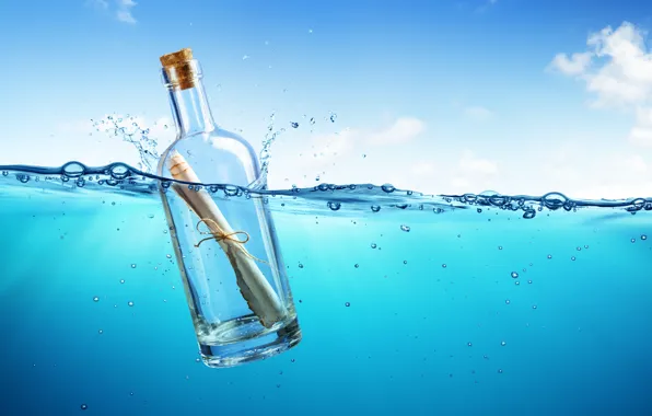 Море, письмо, океан, бутылка, sea, ocean, blue, water