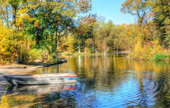 Картинка осень, деревья, пейзаж, озеро, парк, лодка