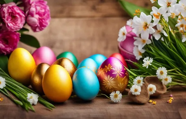 Цветы, яйца, весна, colorful, Пасха, happy, flowers, spring