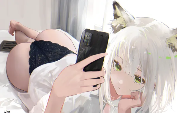 Девушка, ушки, смартфон, Arknights, Kaltsit
