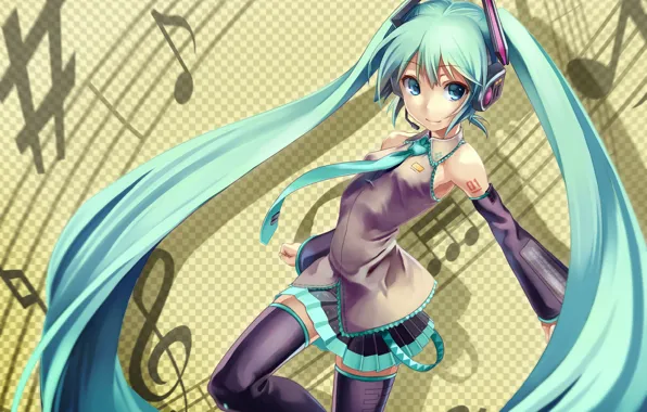 Девушка, ноты, аниме, Hatsune Miku, Vocaloid, art, Nakasaki Hydra