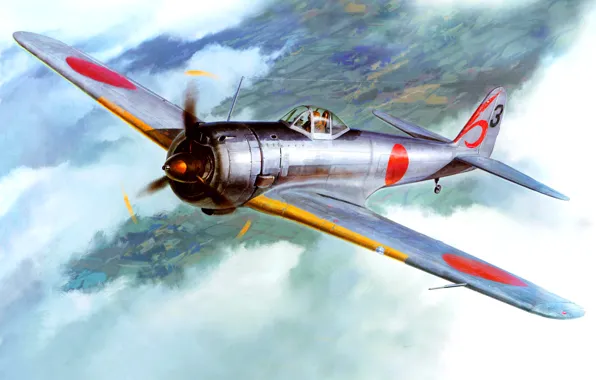 Картинка небо, рисунок, арт, армейский, японский, WW2, Nakajima Ki-43 Hayabusa, (Тип 1)