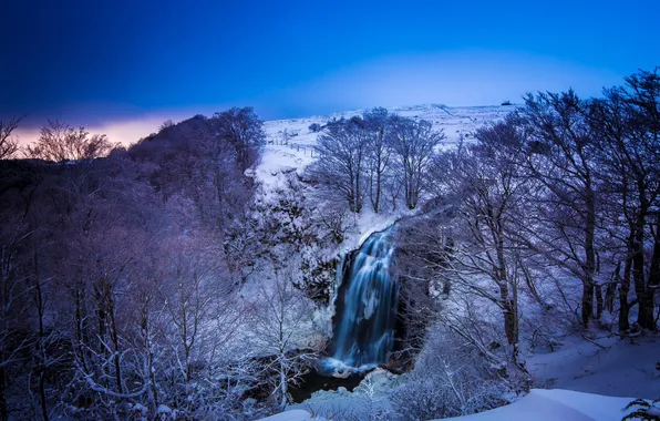 Картинка деревья, река, Франция, Зима, Водопад, Winter, France, голубое небо