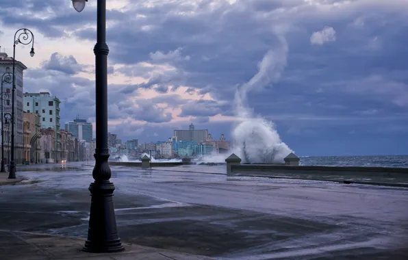 Волны, шторм, набережная, Куба, Гавана, Malecon