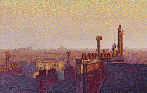 Картина, городской пейзаж, Gustave Cariot, пуантилизм, Гюстав Карио, Крыши Парижа. Закат