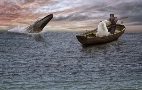 Океан, лодка, ситуация, мальчик, кит, белый медведь