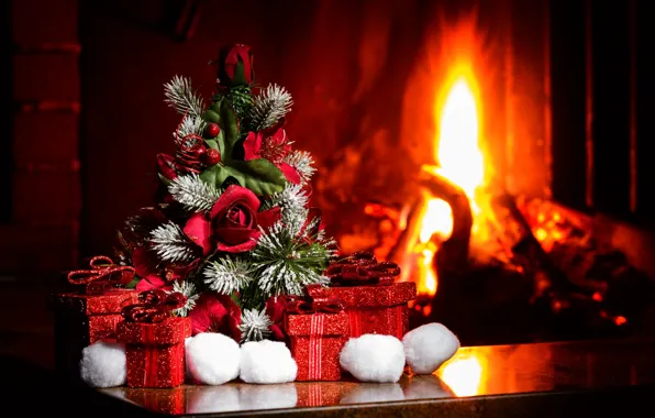 Картинка уют, елка, Новый Год, Рождество, подарки, камин, Christmas, New Year