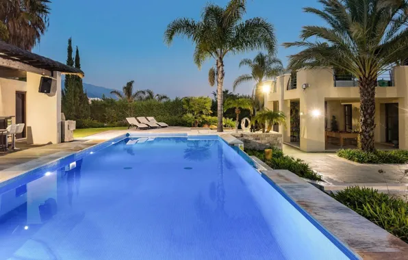 Пальмы, вилла, вечер, бассейн, архитектура, dusk, luxury villa, азотея
