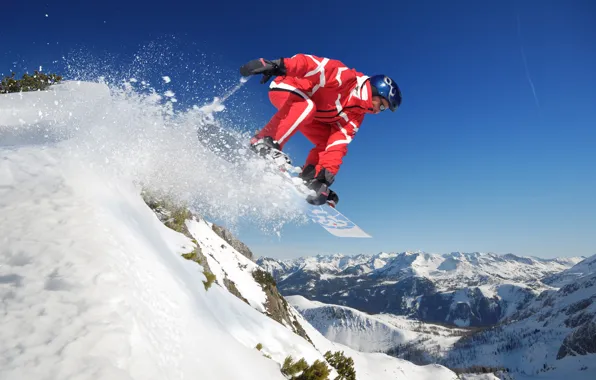 Картинка небо, снег, горы, прыжок, сноуборд, спорт