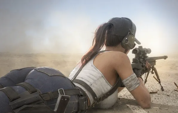 Tomb Raider, gun, pistol, ass, desert, ponytail, women, jeans