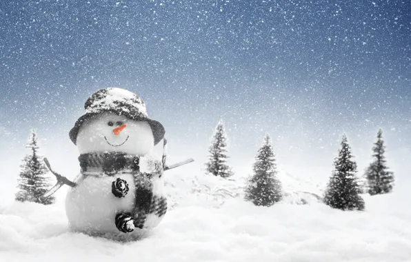 Картинка зима, снег, Новый Год, снеговик, Christmas, winter, snow, Merry