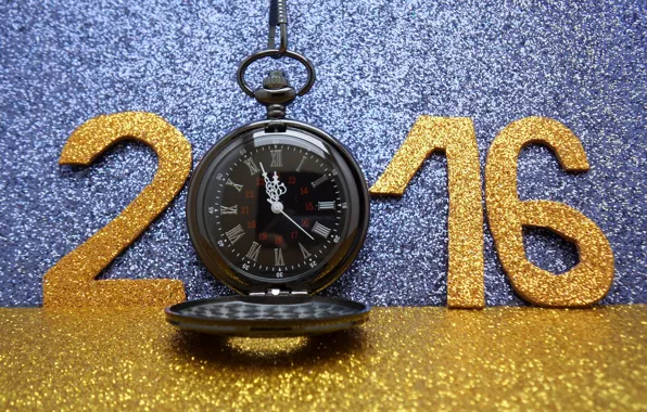 Часы, Новый Год, цифры, golden, New Year, Happy, glitter, 2016