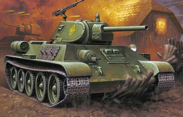 Рисунок, арт, танк, сражение, советский, средний, Т-34-76, WW2.